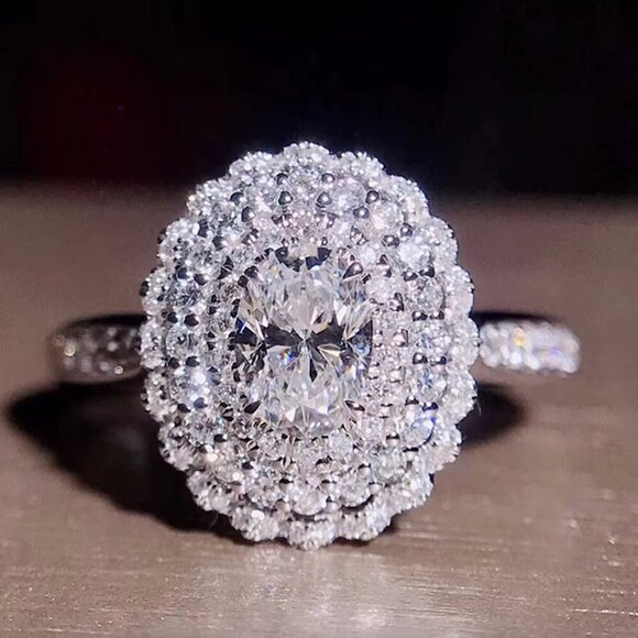 14k White Gold Diamond Ring Pave Diamond Oval Cut Ring - Picture 1 of 5